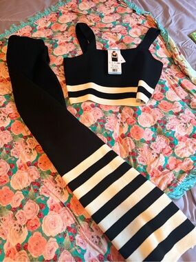 Black and White Striped Knit Skirt Set - Crop Top & Maxi Skirt